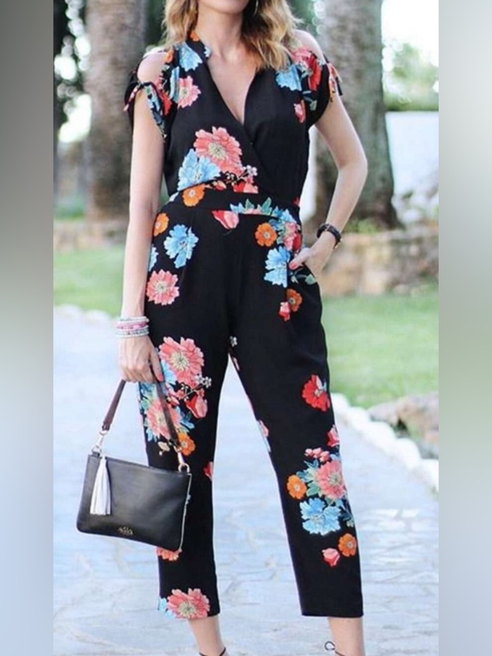 Zara Vibrant Floral Cold-Shoulder Wrap Jumpsuit - Size XS